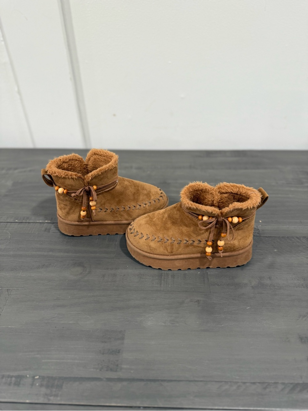 Jellypop Tan Faux-Suede Cozy Ankle Boots with Bead Tie